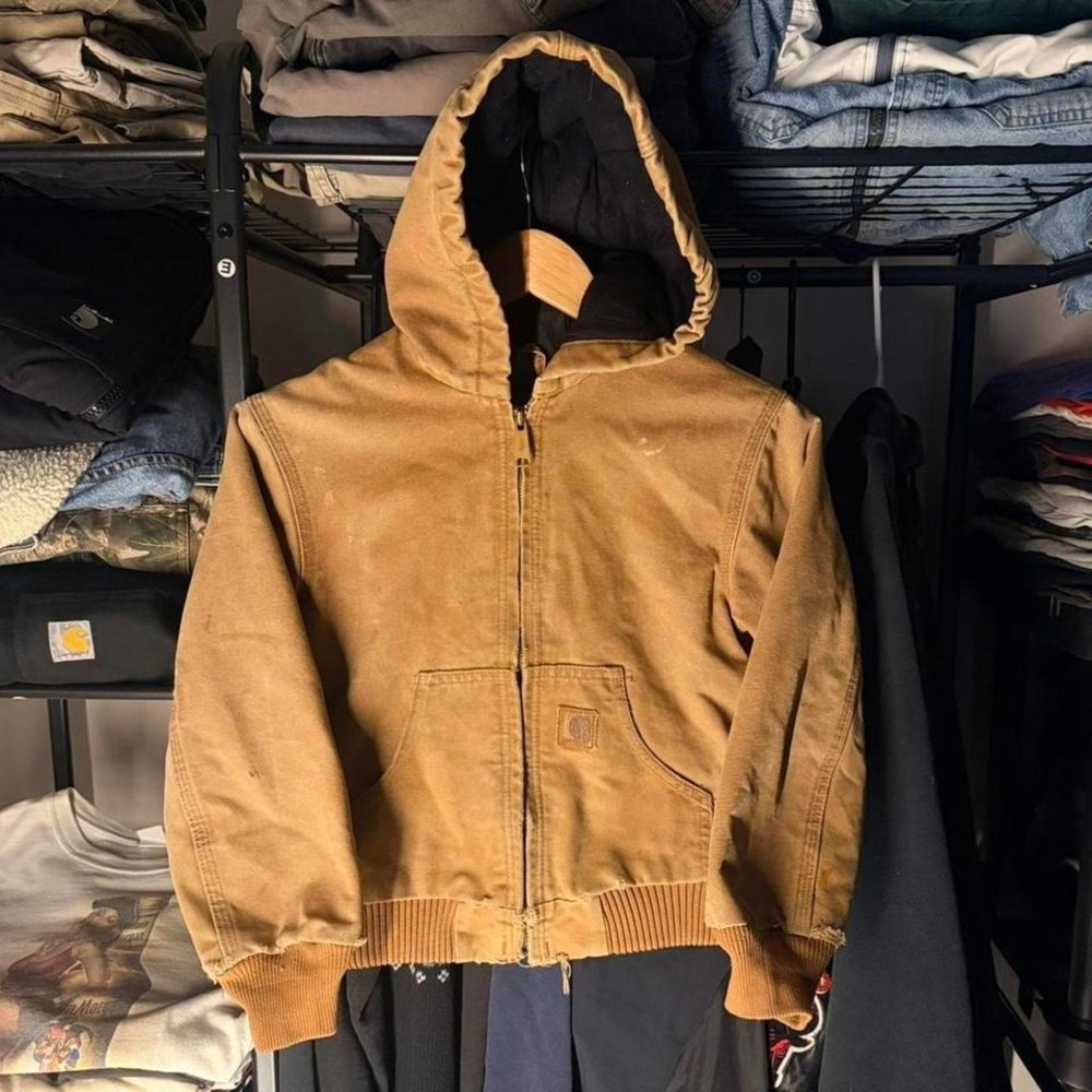 Carhartt Distressed Workwear Zip Hoodie Brown Faded Boxy Cropped Fit Youth